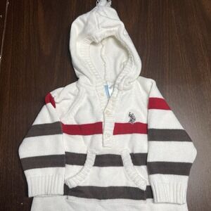 Vtg U.S. Polo Assn Baby Hooded Knit Romper Ivory Gray Red Striped 6–9 Mo *Flaws‎